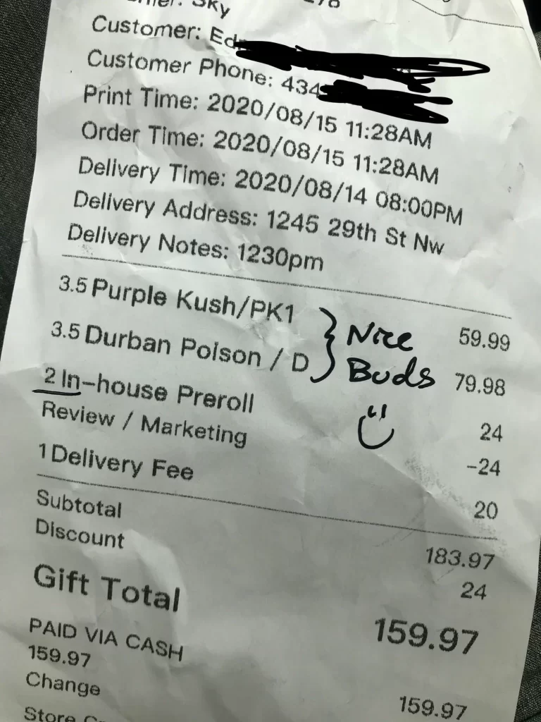 This receipt shows 2 prerolls, were free in exchange for a review.